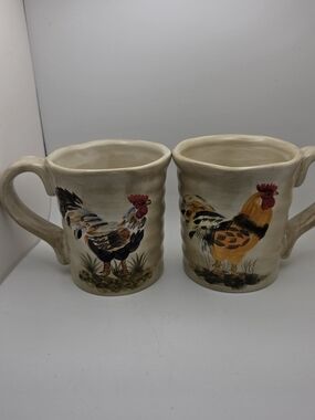 Vintage Rooster Mugs Set - Tabletops Unlimited Calderone Handpainted Farmhouse